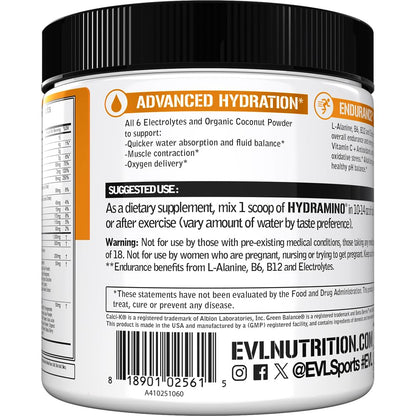 Evlution Nutrition HYDRAMINO Complete Hydration Multiplier, 6 Electrolytes, Vitamin C & B, Fluid Boosting Aminos, Coconut Water, Endurance, Recovery, Antioxidants, 30 Serve, Orange Mango (Dye Free)