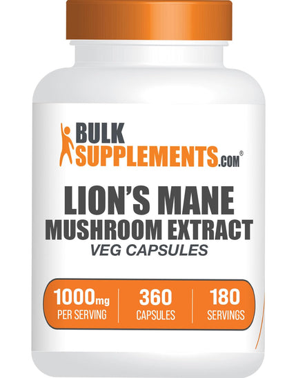BulkSupplements.com Lion's Mane Mushroom Extract Capsules - Mushroom Supplement, Brain Supplement for Memory and Focus Support - Vegan, 2 Capsules per Serving (1000mg), 360 Capsules (Pack of 1)