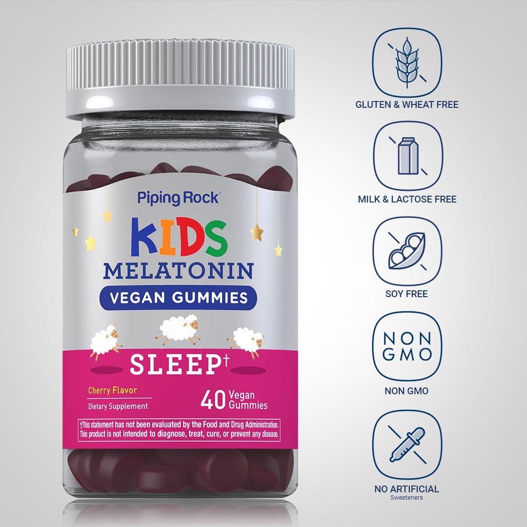 Piping Rock Kids Melatonin Gummy 1mg | 40 Gummies | Cherry Flavor | Vegan, Non-GMO, Gluten Free Supplement