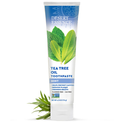 Desert Essence Tea Tree Oil Toothpaste - Mint - 6.25 Ounce - Refreshing Taste - Deep Cleans Teeth & Gums - Helps Fight Plaque - Sea Salt - Pure Essential Oil - Baking Soda - Promotes Healthy Mouth
