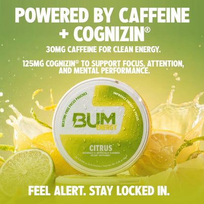 Bum Energy Pouches, Citrus, 30mg Caffeine + 125mg Cognizin Citicoline, Clean Energy & Focus, Discreet Oral Energy Pouches, 5 Packs of 16 Count
