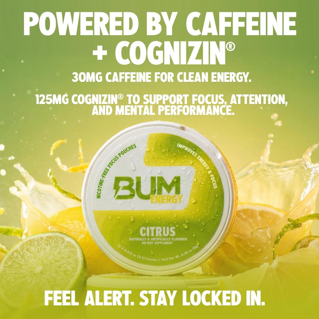 Bum Energy Pouches, Wintergreen, 30mg Caffeine + 125mg Cognizin Citicoline, Clean Energy & Focus, Discreet Oral Energy Pouches, 5 Packs of 16 Count