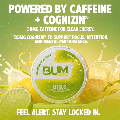 Bum Energy Pouches, Citrus, 30mg Caffeine + 125mg Cognizin Citicoline, Clean Energy & Focus, Discreet Oral Energy Pouches, 5 Packs of 16 Count