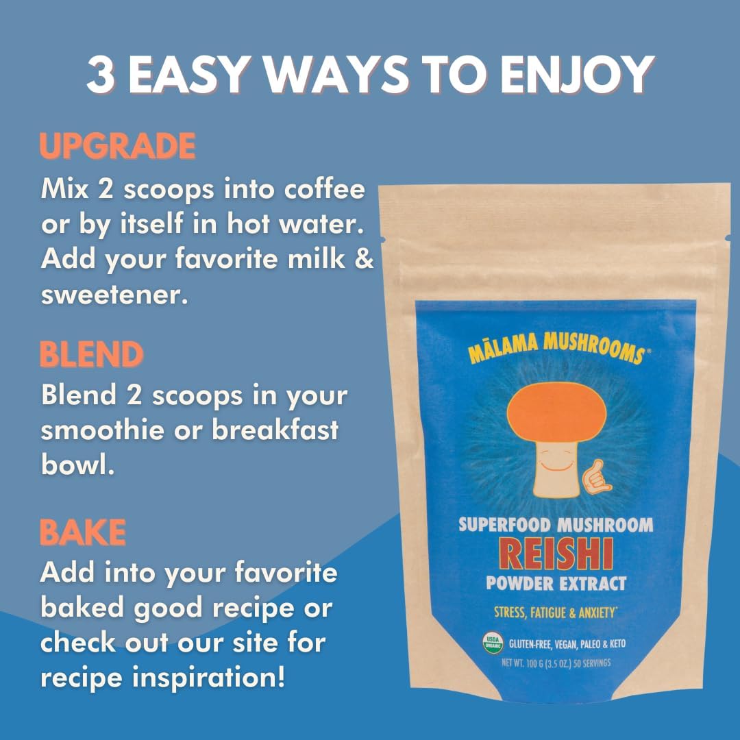 Malama All-Day Vitality Bundle – Lion’s Mane, Cordyceps & Reishi Mushroom Extract Powders – Organic Adaptogenic Superfood Trio for Focus, Energy & Relaxation – Vegan Supplements 3.5 oz (3-Pack)