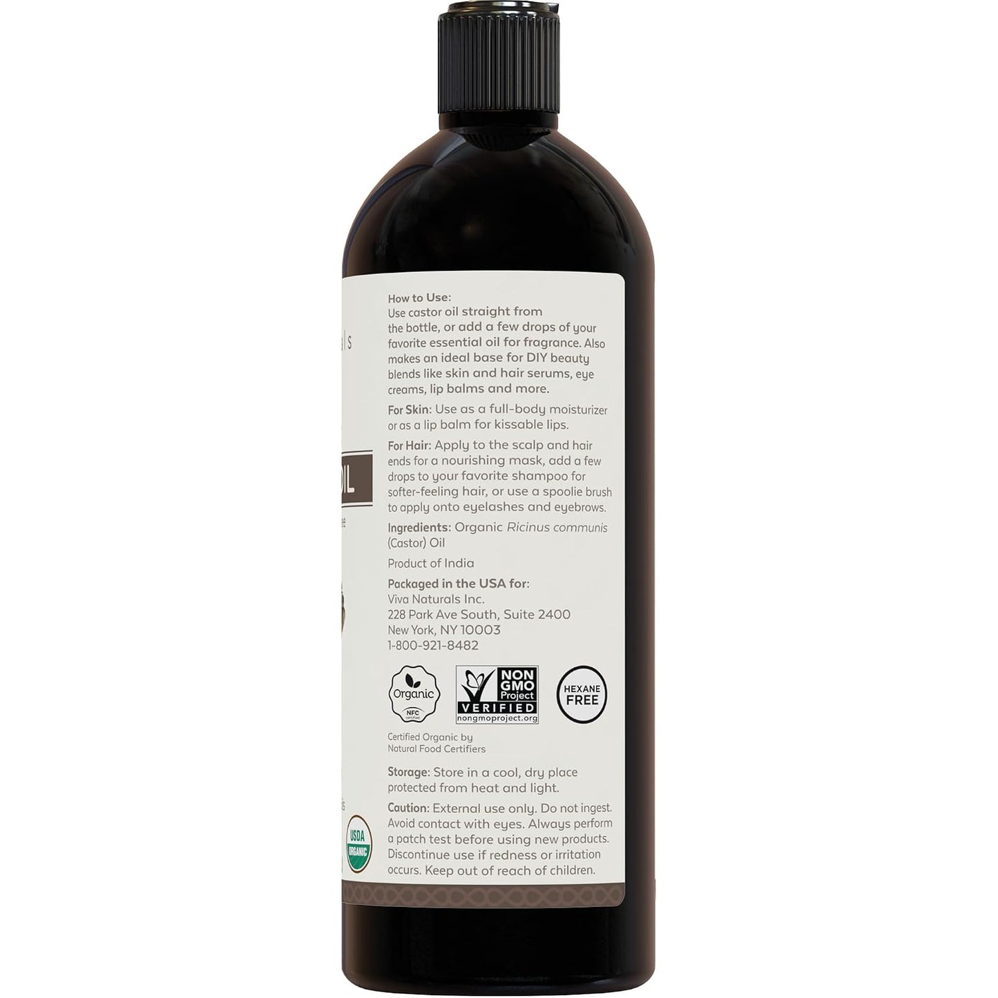 Viva Naturals Organic Castor Oil, Cold-Pressed, 16 fl oz – For Face, Hair, Eyelashes, USDA Organic, Non-GMO - With Beauty Kit