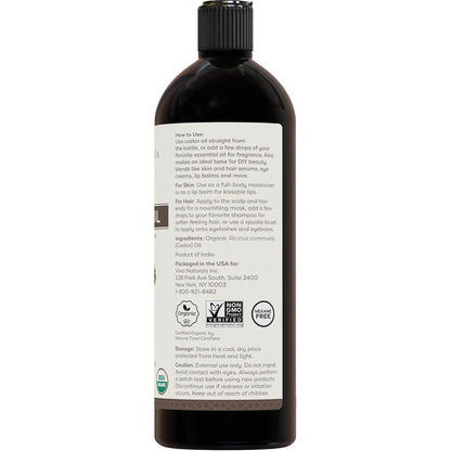 Viva Naturals Organic Castor Oil, Cold-Pressed, 16 fl oz – For Face, Hair, Eyelashes, USDA Organic, Non-GMO - With Beauty Kit