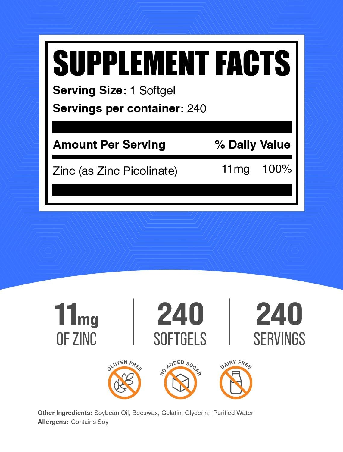 BulkSupplements.com Zinc Picolinate Softgels - Zinc 11mg, for Immune Support, Gluten Free - 1 Softgel per Serving, 240 Count (Pack of 1)