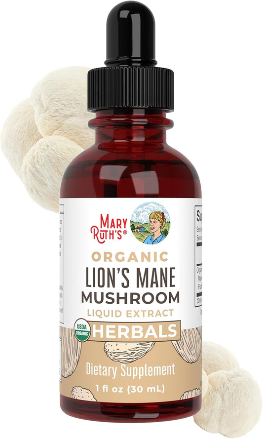 MARYRUTH'S Lions Mane Mushroom Supplement | Nootropic USDA Organic Lions Mane Extract 1,180mg | Nervine Herbal Liquid Drops | Brain Health | Focus & Memory | Non-GMO | Vegan | Alcohol Free | 1 Fl Oz