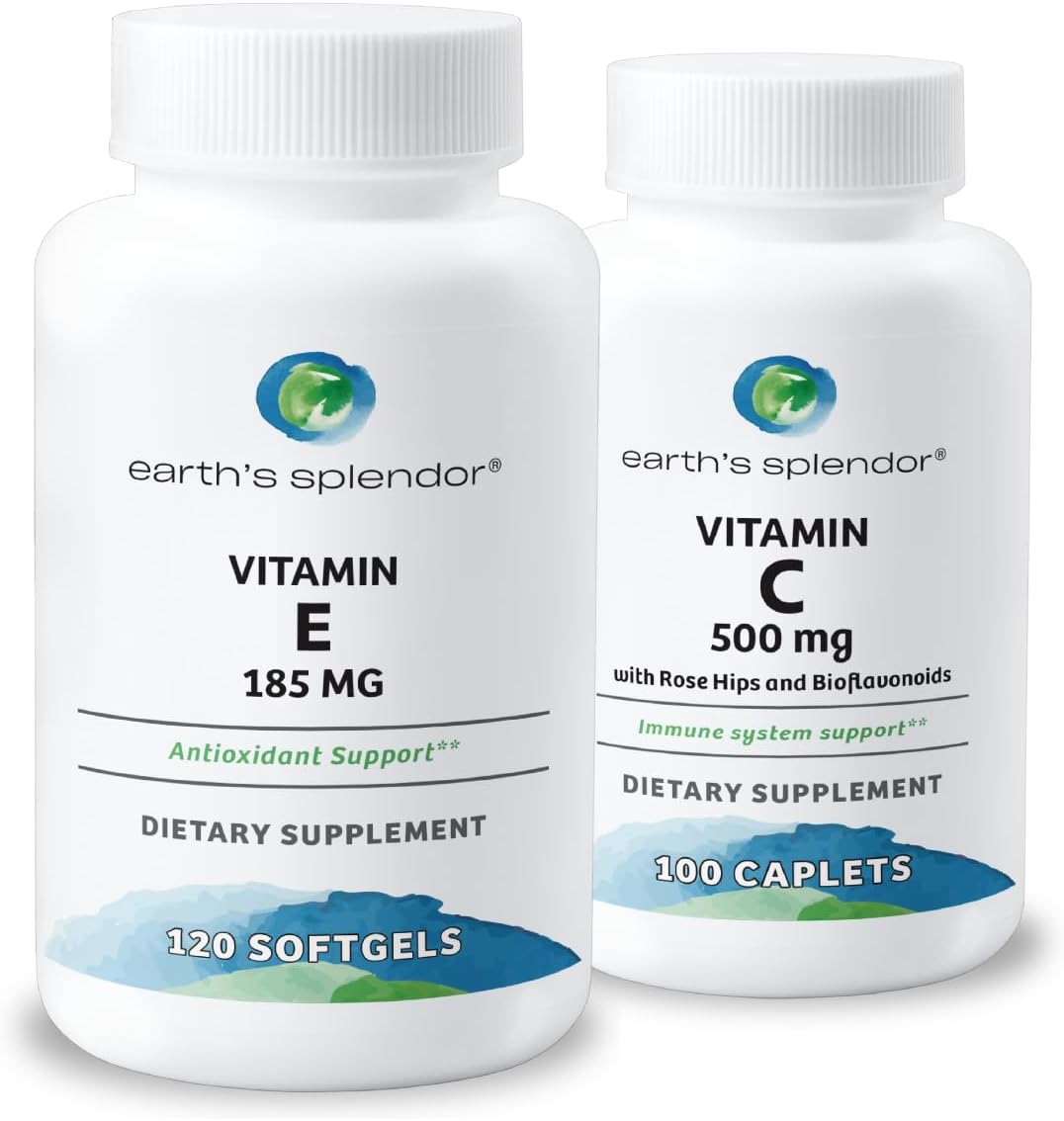 Earth's Splendor Vitamin E 185 mg Softgels + Vitamin C 1000 mg Caplets – Antioxidant Immune Support, Skin & Cell Health, Non-GMO, No Artificial Flavors