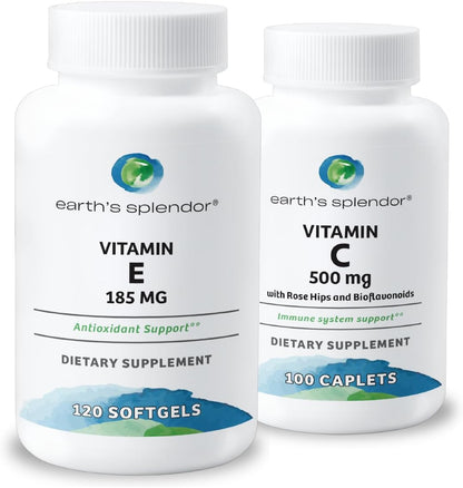 Earth's Splendor Vitamin E 185 mg Softgels + Vitamin C 1000 mg Caplets – Antioxidant Immune Support, Skin & Cell Health, Non-GMO, No Artificial Flavors