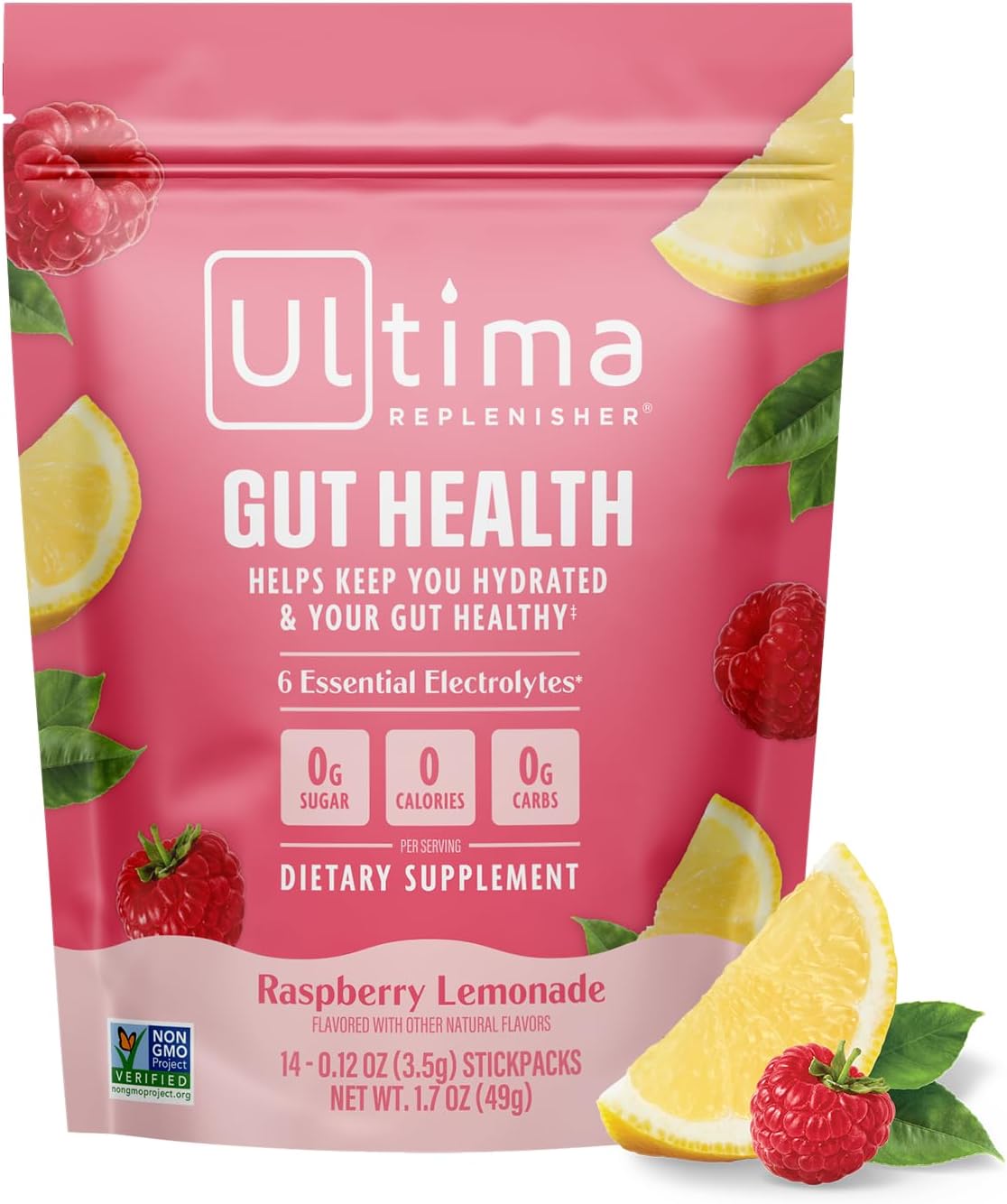 Ultima Replenisher Gut Health Supplement, Raspberry Lemonade, 14 Stickpacks | Daily Zero Sugar Electrolyte Powder Hydration Packets with 6 Key Electrolytes, Prebiotics & Probiotics for Gut Health Support