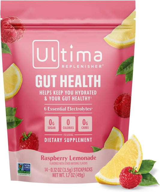 Ultima Replenisher Gut Health Supplement, Raspberry Lemonade, 14 Stickpacks | Daily Zero Sugar Electrolyte Powder Hydration Packets with 6 Key Electrolytes, Prebiotics & Probiotics for Gut Health Support