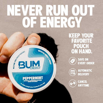 Bum Energy Pouches, Citrus, 30mg Caffeine + 125mg Cognizin Citicoline, Clean Energy & Focus, Discreet Oral Energy Pouches, 5 Packs of 16 Count