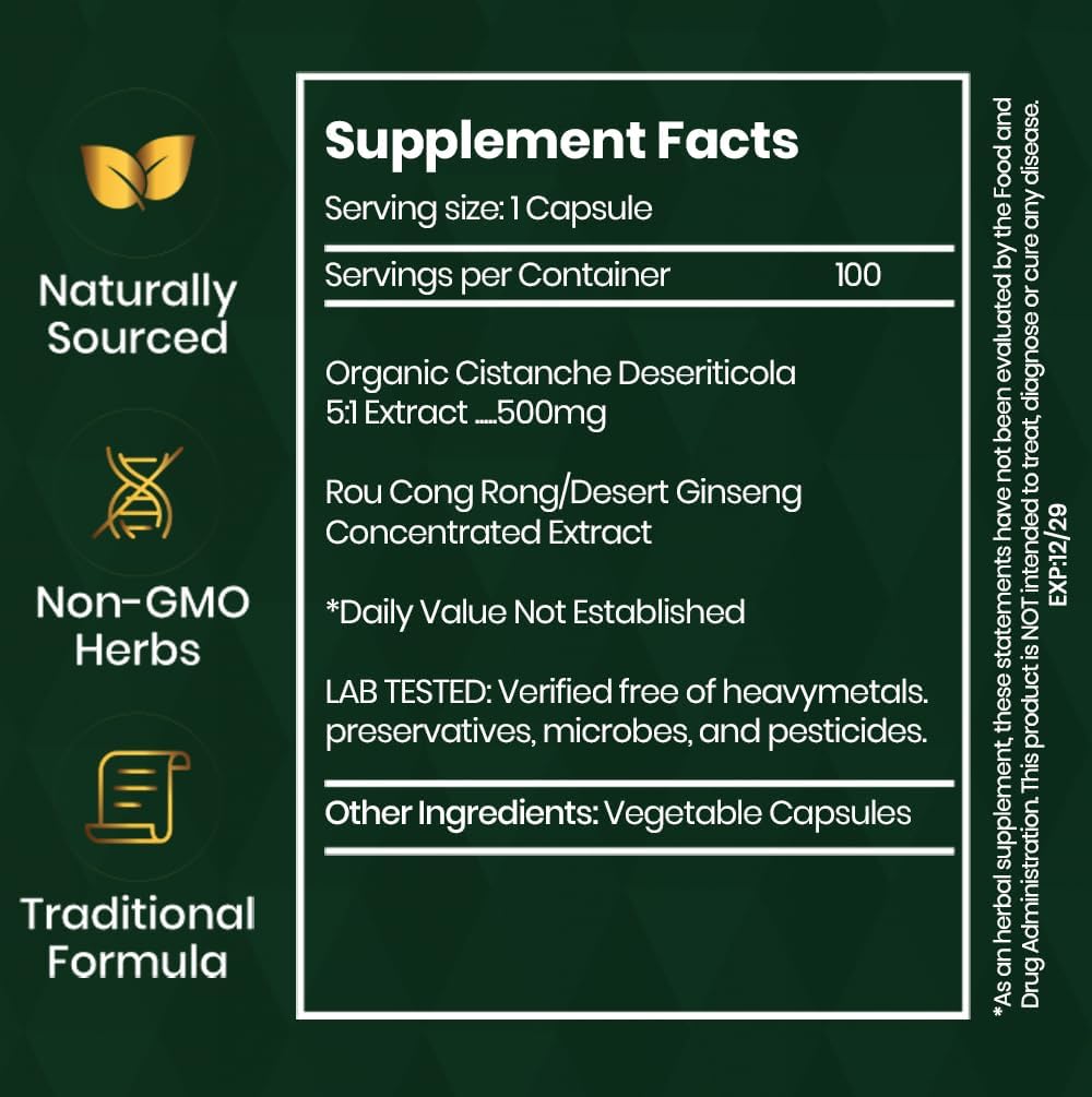 Organic Cistanche Deserticola Capsules- True Rou Cong Rong 5:1 Extract (Not Tubulosa)- High Potency Jing Tonic for Energy, Vitality, & Adrenal Support- Non-GMO, Vegan, 500mg