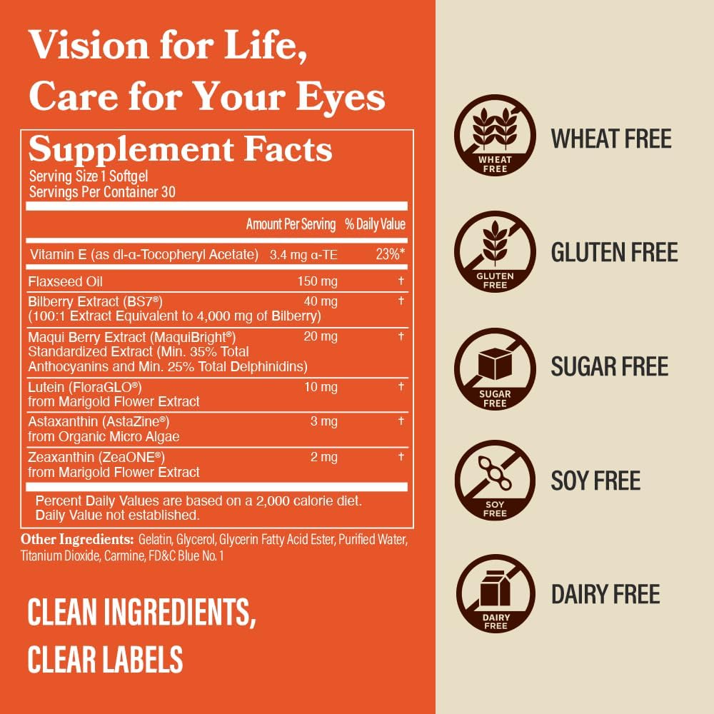 DAIKEN Lutein and Zeaxanthin Supplements, AREDS 2 Inspired Formula with Astaxanthin, Maqui Berry, Bilberry, Flaxseed Oil & Vitamin E, 30 Softgels (Pack of 2)