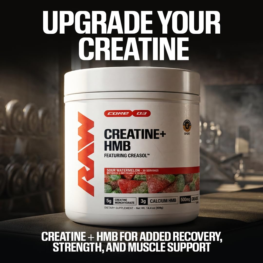 RAW Creatine Plus HMB, Champion Mentality, Creatine HMB Powder - Creatine Monohydrate Powder with 3G HMB, Taurine & No Added Sugar, Muscle Mass Growth, Strength Building & Enhanced Energy, 30 Servings