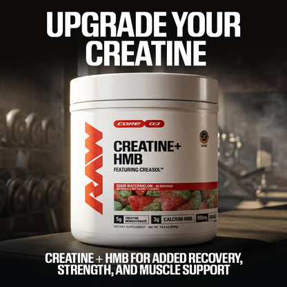 RAW Creatine Plus HMB, Champion Mentality, Creatine HMB Powder - Creatine Monohydrate Powder with 3G HMB, Taurine & No Added Sugar, Muscle Mass Growth, Strength Building & Enhanced Energy, 30 Servings