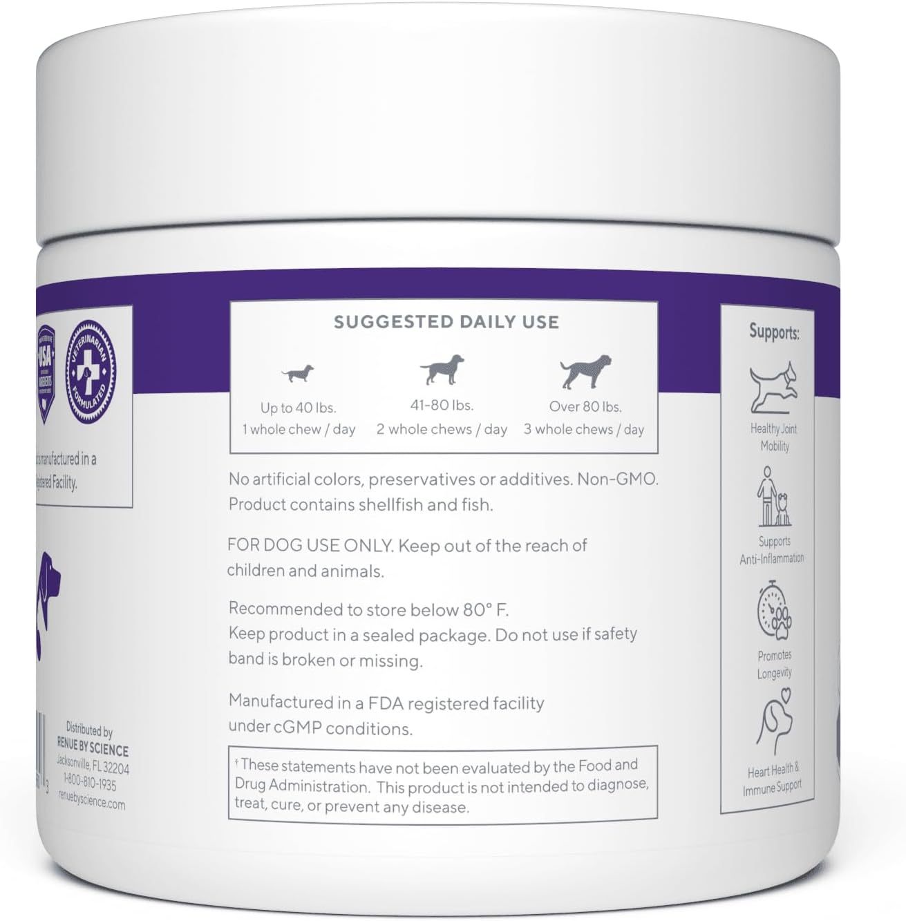 Renue By Science PET NMN Longevity Chews for Dogs - Liposomal NMN, Trans-Resveratrol, Glucosamine, MSM, Chondroitin - Cold Extruded Soft Chews - 60 Count
