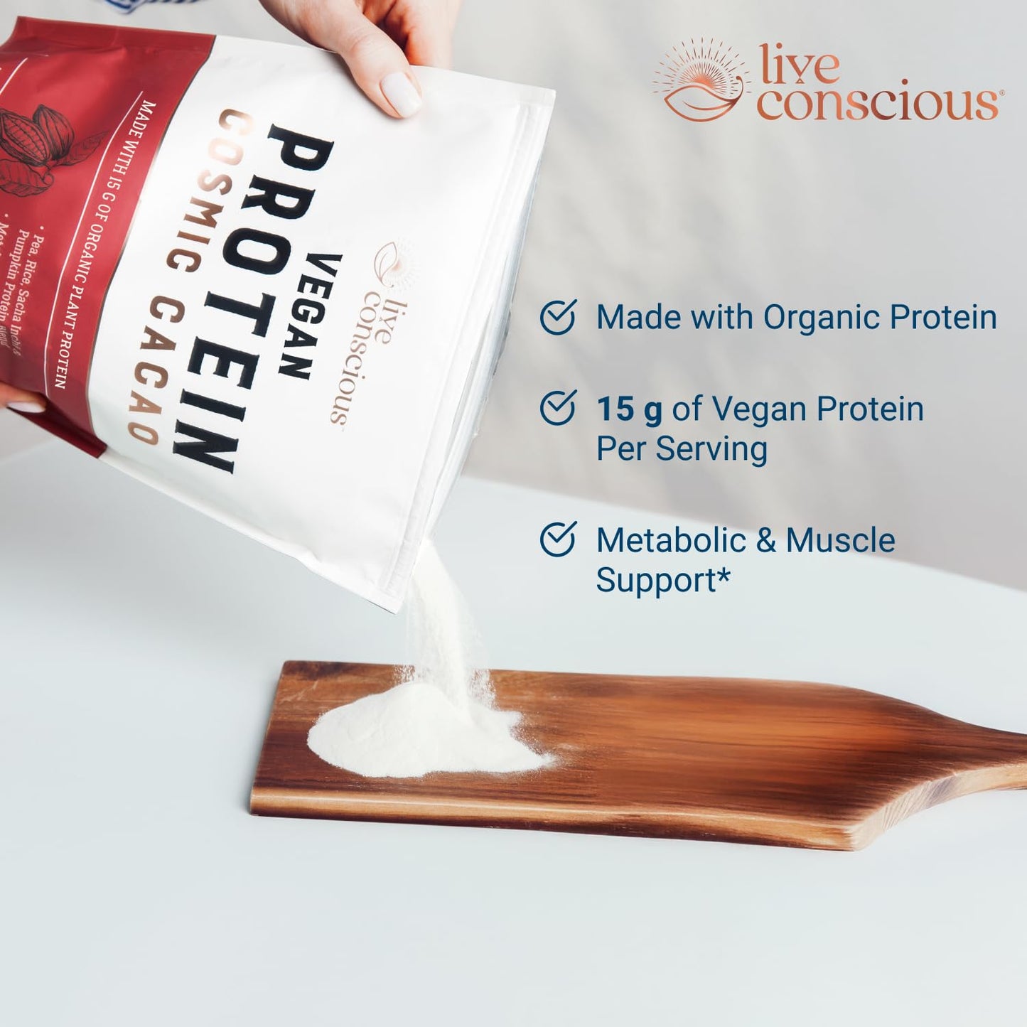 Live Conscious Cosmic Cacao - Organic Vegan Protein Powder, Chocolate Flavor, Plant-Based Blend - Pea Protein, Brown Rice, Pumpkin, Sacha Inchi - 20 Servings, 17 oz