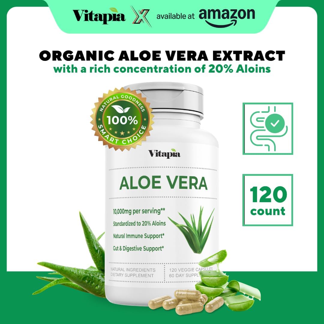 Organic Aloe Vera Capsules 20% Aloins Supplement - Pure Inner Leaf Gel Concentrate - Digestive, Gut Health, Skin, Immune Support - 120 Count - Non-GMO, Gluten-Free, Vegan