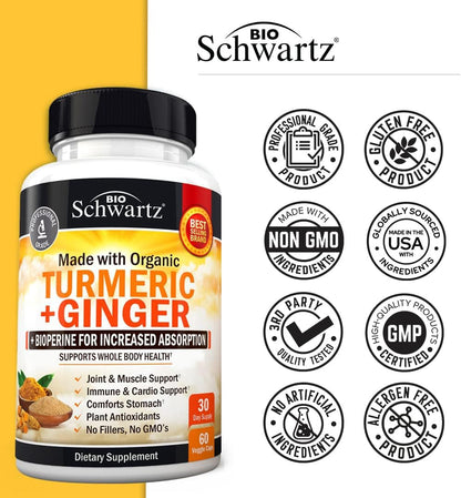 Organic Turmeric Curcumin and Ginger - 95% Standardized Curcuminoids with BioPerine