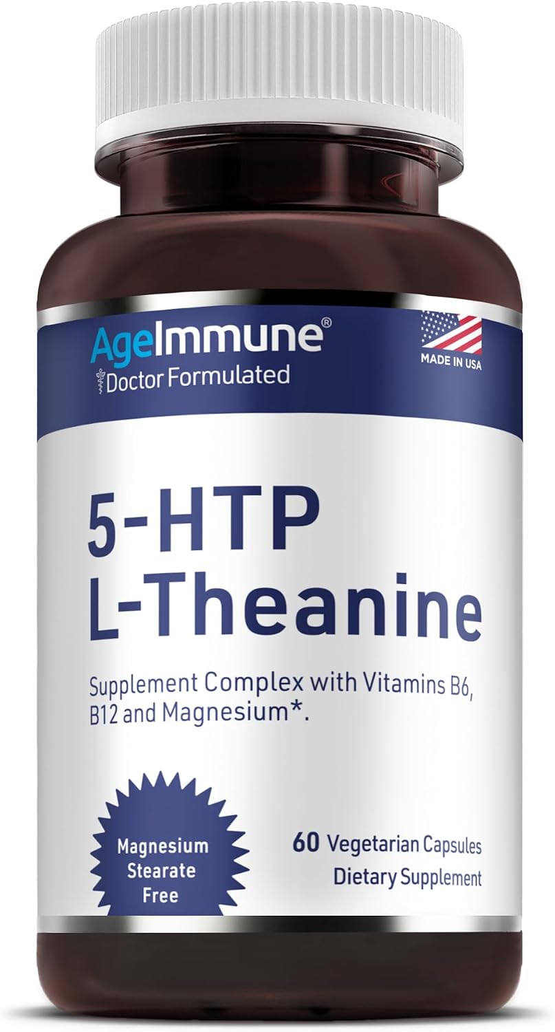 5-HTP 100mg with L-Theanine 400 mg Formula for Stress Relief and Relaxation Support for Teens and Adults with Vitamins B6 - B12 and Magnesium Bisglycinate - Doctor Formulated – without stearates.