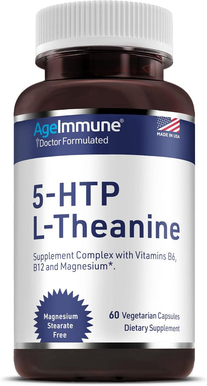 5-HTP 100mg with L-Theanine 400 mg Formula for Stress Relief and Relaxation Support for Teens and Adults with Vitamins B6 - B12 and Magnesium Bisglycinate - Doctor Formulated – without stearates.