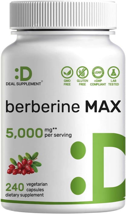 DEAL SUPPLEMENT Berberine Max Supplement with Turmeric, 5000 mg** Per Serving, 240 Vegetarian Capsules | Berberine HCl with Turmeric Root Extract | Non-GMO