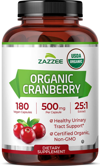 Zazzee USDA Organic Cranberry 25:1 Extract, 500 mg per Capsule, 100 Vegan Capsules, 3+ Month Supply, Certified Kosher, Vaccinium Macrocarpon, Non-GMO, Made in the USA
