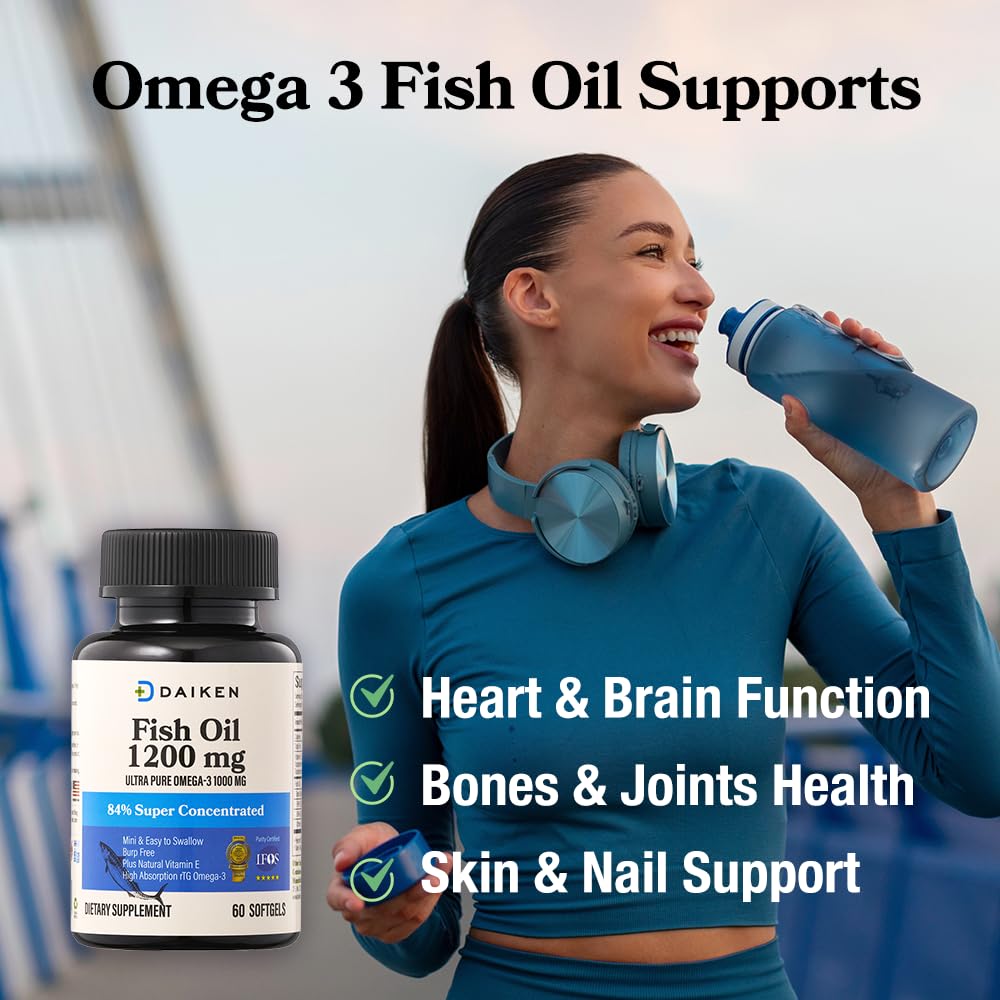 DAIKEN Mini Fish Oil 1200 mg, rTG Omega 3 1000mg, 60 Softgels, High Absorption & Burpless Fish Oil for Healthy Heart, Brain and Dry Eyes Support (Pack of 2)