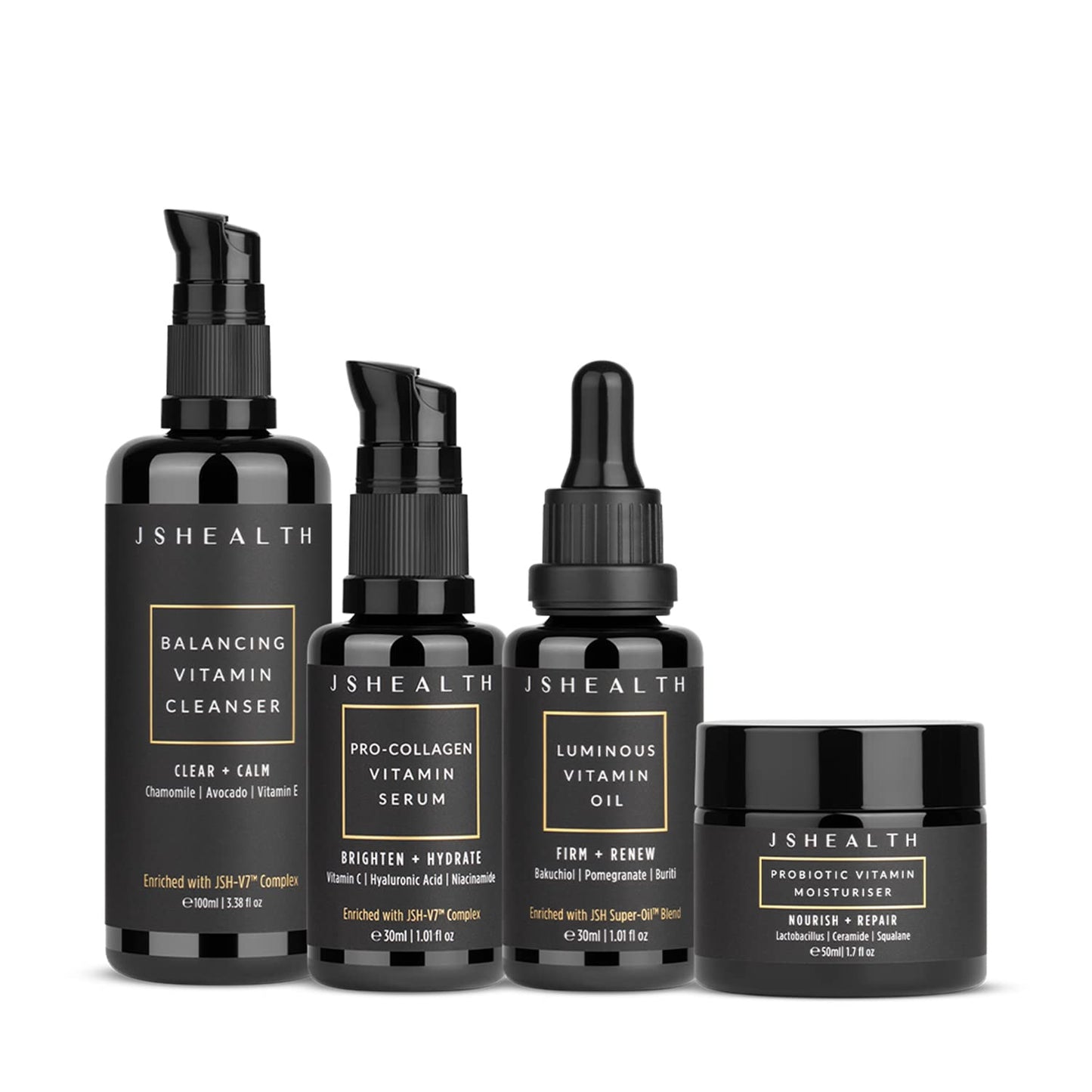 JSHealth 4-Step Vitamin Skincare System Clean, Hydrate, Firm, Repair | Complete Skin Care Routine with Vitamin C Serum, Moisturizer, Face Oil, & Facial Cleanser