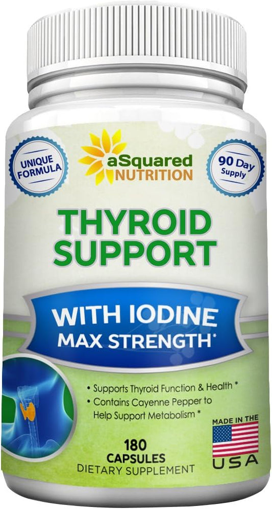 aSquared Nutrition Premium Thyroid Support Supplement with Iodine (180 Capsules) - Best Herbal & Vitamin Complex Pills w/ B12, Ashwagandha, Bladderwrack & Kelp - Helper for Healthy Hormone & Energy