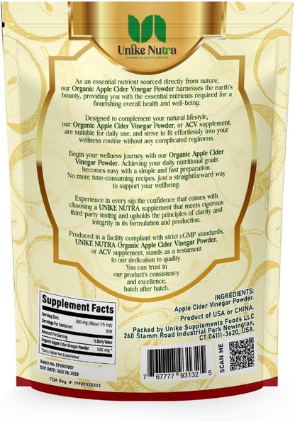 Organic Apple Cider Vinegar Powder - Apple Cider Vinegar Supplement, ACV for Digestive Support - Vegan & Gluten Free, 500mg per Serving, 454g (1 lbs)
