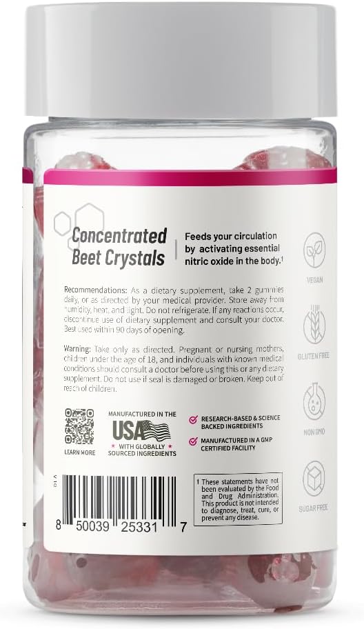 Snap Supplements Nitric Oxide Beet Root Gummies, Cherry, 60 Count (2-Pack) | Sugar Free, For Men & Women, Heart Health & Circulation, Organic Beetroot Extract, Natural Energy, B12, Beets Gummies