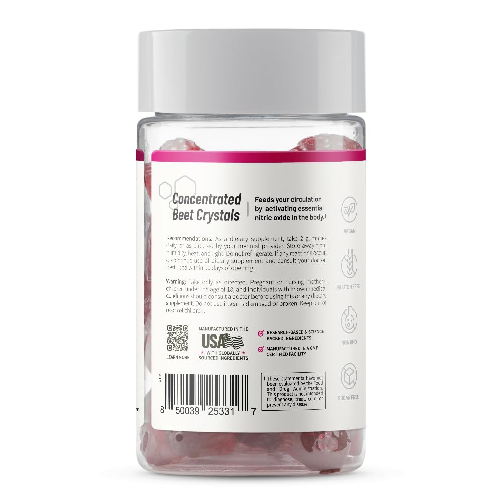 Snap Supplements Nitric Oxide Beet Root Gummies, Cherry, 60 Count (2-Pack) | Sugar Free, For Men & Women, Heart Health & Circulation, Organic Beetroot Extract, Natural Energy, B12, Beets Gummies