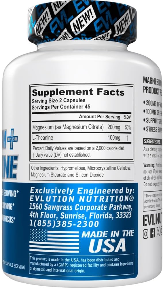 Magnesium L Theanine Supplement - Evlution Nutrition Mind & Body Calming Magnesium with L-Theanine Blend to Support Focus Relaxation & Cortisol - Vegan Non-GMO & Gelatin Free (45 Servings)