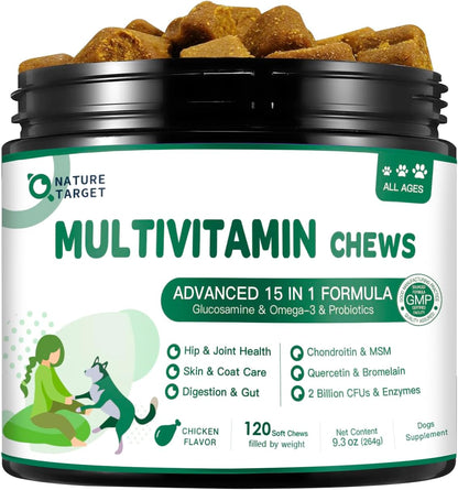 NATURE TARGET Multivitamin for Dogs, 120 Soft Chews, Chicken Flavor | with MSM & Glucosamine, Omegas 3 & 6, & Probiotics for Digestive Health, Joint Support, Skin & Coat, Immune & Overall Health