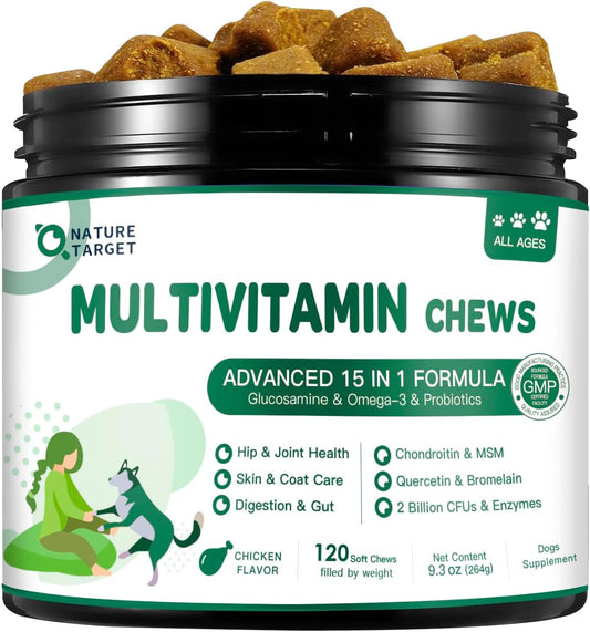 NATURE TARGET Multivitamin for Dogs, 120 Soft Chews, Chicken Flavor | with MSM & Glucosamine, Omegas 3 & 6, & Probiotics for Digestive Health, Joint Support, Skin & Coat, Immune & Overall Health