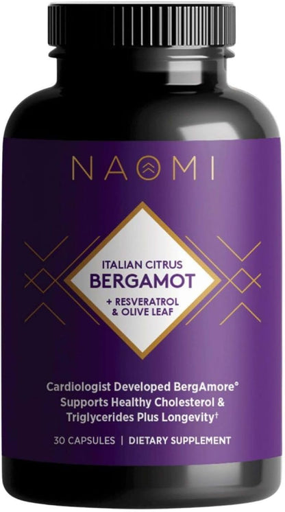 NAOMI Italian Citrus Bergamot 500mg with Resveratrol - Supports Healthy Cholesterol & Triglyceride Levels Already in Normal Range - Patented BergAmore® Extract, 7 Key Polyphenols, 30-Day Supply