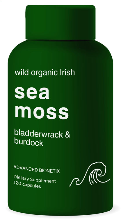 Advanced Bionetix Organic Irish Sea Moss Capsules, Raw Wildcrafted Seamoss Enhanced w/Bladderwrack & Burdock Root Capsules 120 Total Pills Antioxidant Packed. Prebiotic Superfood, Thyroid Support