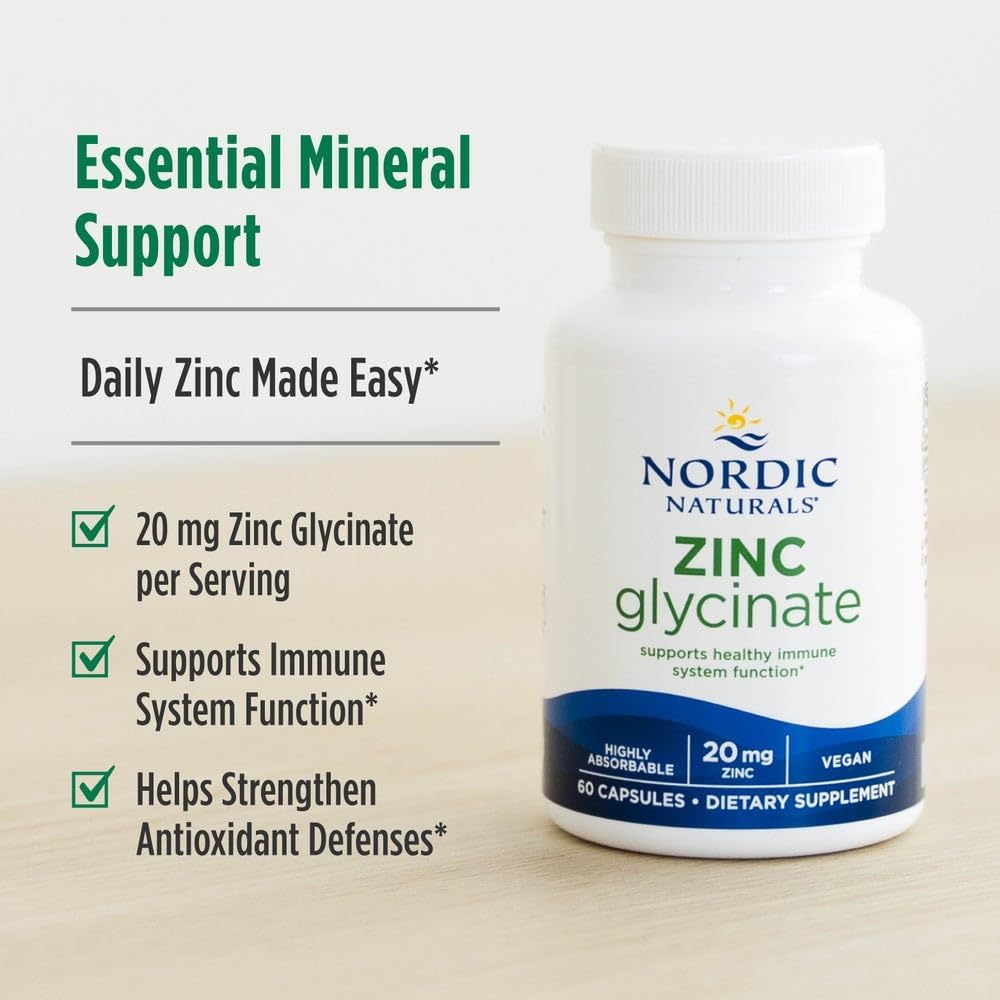 Nordic Naturals Zinc Glycinate 20mg, Highly Absorbable Supplements, 60Count | Highly absorbable zinc glycinate supports immune health & optimal wellness. Non-GMO, gluten-free, vegan. 60 servings.