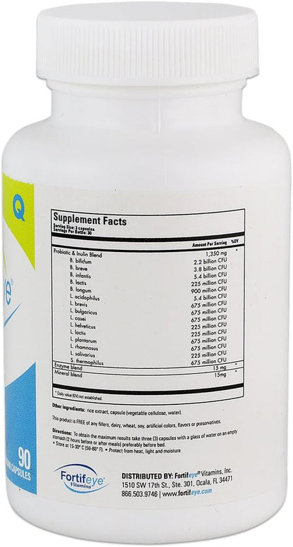 Fortifeye Probiotic Bacteria Vegan Supplement with Digestive Enzymes 90 Capsules 30 Day Supply - Probiotics for Digestive Health Women, Men & Kids, Supports Digestion, Bloating and Ocular Systems