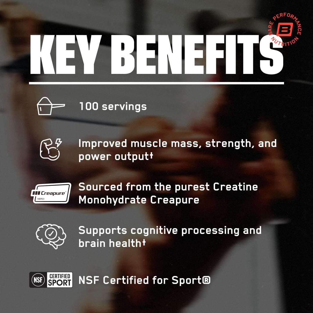 BARE PERFORMANCE NUTRITION, BPN Pure Creatine Monohydrate Powder by Creapure, 5g of Creatine per Serving, Supports Muscle Growth, Unflavored Creatine Powder, 60 Servings | 5g of Creatine per Serving, Supports Muscle Growth for Increased Strength, Power an