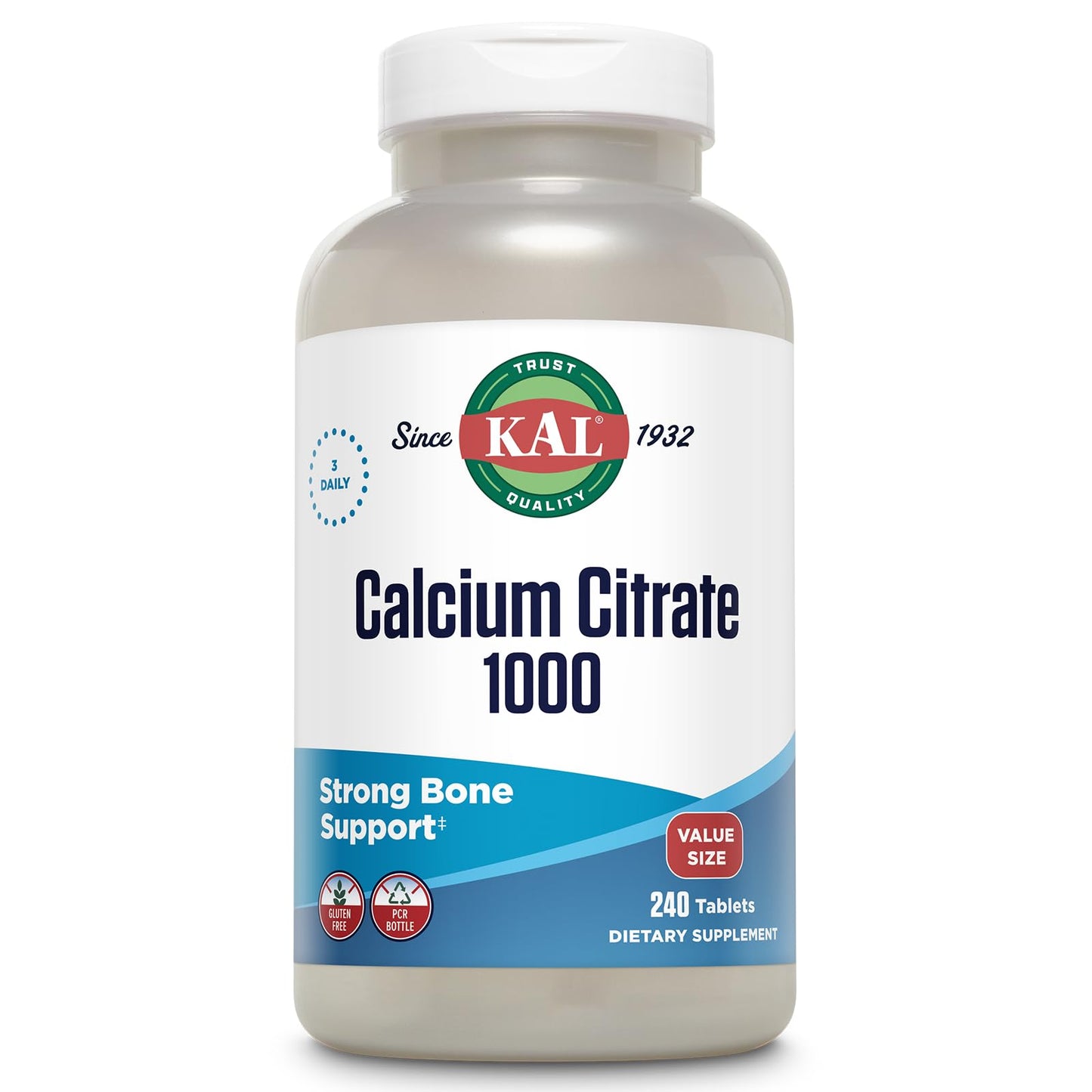 KAL Calcium Citrate 1000mg, Calcium Supplements for Women and Men, Bone Health, Teeth, Nervous, Muscular & Cardiovascular System Support, Gluten Free and Lab Verified, 60 Servings, 180 Tablets