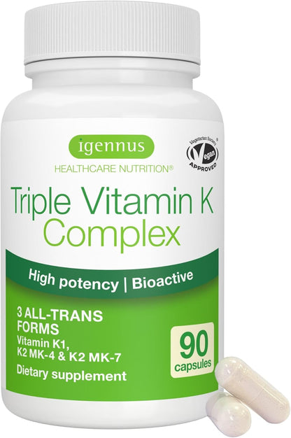 Igennus High Potency Vitamin K Complex, K1 & K2 (MK-4 & MK-7), 90 Capsules | All Trans Bioactive Form for Superior Bone & Cardiovascular Support, 1-a-Day, Clean Label, Vegan