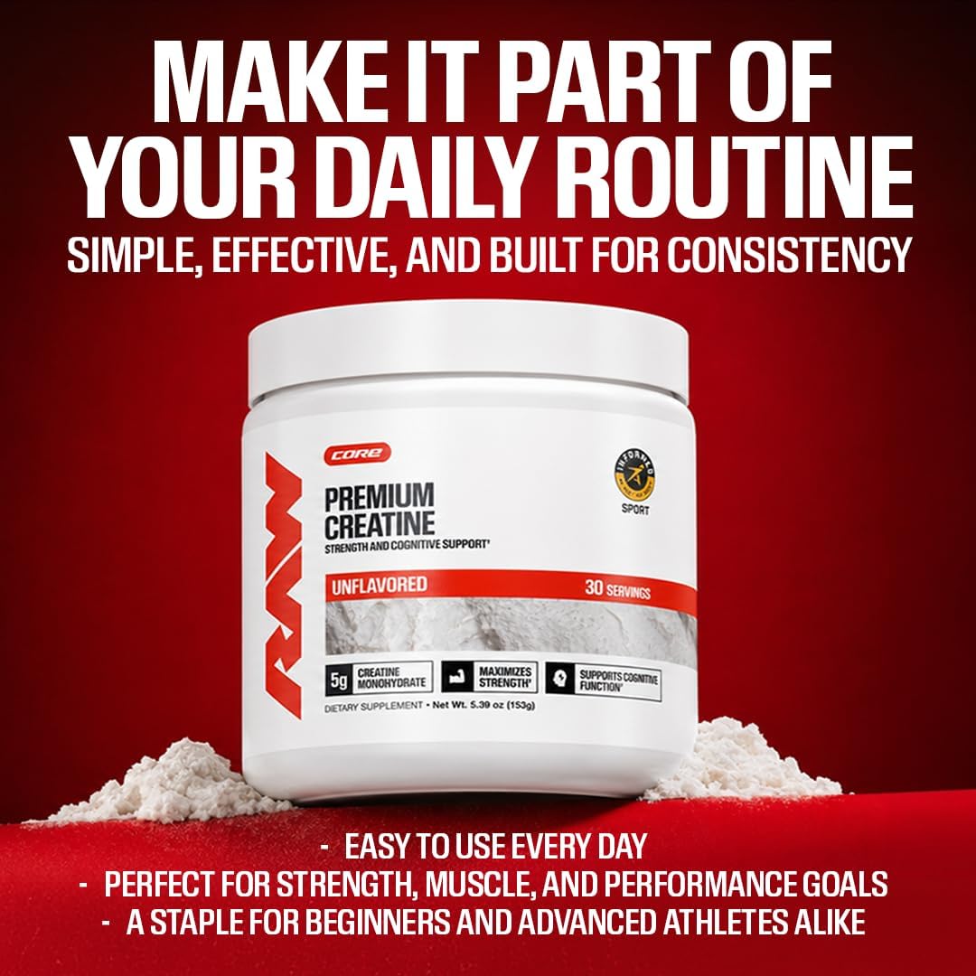 RAW Nutrition Creatine Monohydrate Powder, Unflavored (30 Servings) - Micronized Creatine Monohydrate Supplement for Workout Performance, Build Muscle & Strength - Creatine Powder for Men & Women
