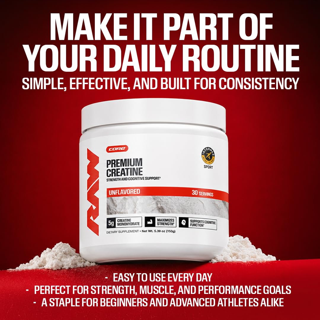 RAW Nutrition Creatine Monohydrate Powder, Unflavored (30 Servings) - Micronized Creatine Monohydrate Supplement for Workout Performance, Build Muscle & Strength - Creatine Powder for Men & Women