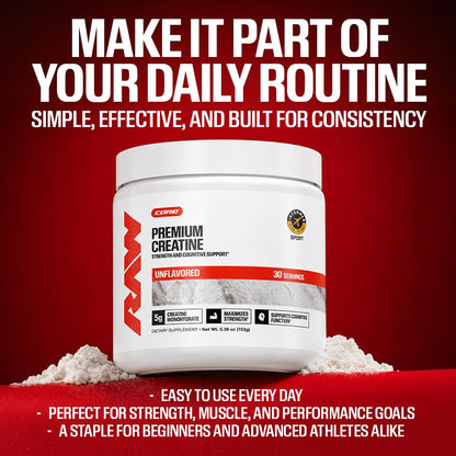RAW Nutrition Creatine Monohydrate Powder, Unflavored (30 Servings) - Micronized Creatine Monohydrate Supplement for Workout Performance, Build Muscle & Strength - Creatine Powder for Men & Women