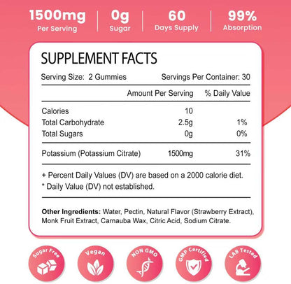 2 Pack Potassium Gummies for Adults Women & Men, Potassium Citrate Supplement, Support Leg Cramps, Muscle Health & Electrolyte Balance, Sugar Free, Organic, Vegan, Strawberry, 120 Cts