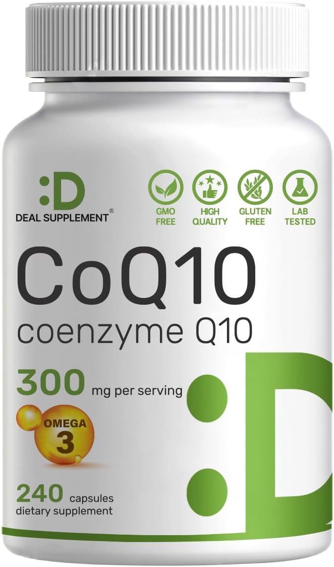 DEAL SUPPLEMENT CoQ10 300mg with Omega 3 100mg, 240 Capsules | Bioavailable Coenzyme Q10 Formula | Supports Heart, Energy & Brain Health | Antioxidant Support | Non-GMO